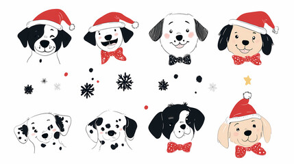 Set of cute and smiley baby dog doodles. Happy baby dog faces of dalmatian, pug, poodle, beagle with flat color, bows, hats, and scarves isolated on white. Sticker, comic, and print design.