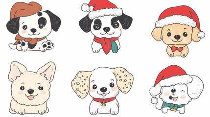 Obraz premium Set of cute and smiley baby dog doodles. Happy baby dog faces of dalmatian, pug, poodle, beagle with flat color, bows, hats, and scarves isolated on white. Sticker, comic, and print design.