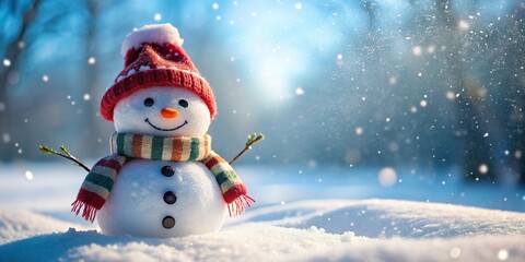 Cheerful snowman in a snowy landscape with copy space low angle view