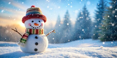 Cheerful snowman surrounded by snowy landscape with copy space