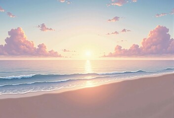 Fototapeta premium Quiet Evening on a Tropical Beach. Relaxing Resort Scene with Golden Light Shining Over a Peaceful Seascape