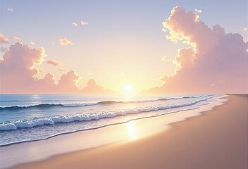 Fototapeta premium Quiet Evening on a Tropical Beach. Relaxing Resort Scene with Golden Light Shining Over a Peaceful Seascape