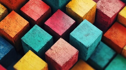 Colorful geometric blocks sit together, showcasing vibrant shades and textures, creating an engaging visual display