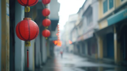 Vibrant Street Scene with Hanging Red Lanterns