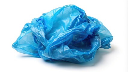 Asymmetrical crumpled blue plastic bag on white background, waste reduction concept