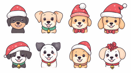 Set of cute and smiley baby dog doodles. Happy baby dog faces of dalmatian, pug, poodle, beagle with flat color, bows, hats, and scarves isolated on white. Sticker, comic, and print design.