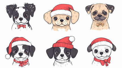 Obraz premium Set of cute and smiley baby dog doodles. Happy baby dog faces of dalmatian, pug, poodle, beagle with flat color, bows, hats, and scarves isolated on white. Sticker, comic, and print design.