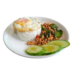 This image features a classic plate of stir-fried chicken with basil, known as 'กระเพราไก่' in Thai.