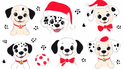 Set of cute and smiley baby dog doodles. Happy baby dog faces of dalmatian, pug, poodle, beagle with flat color, bows, hats, and scarves isolated on white. Sticker, comic, and print design.