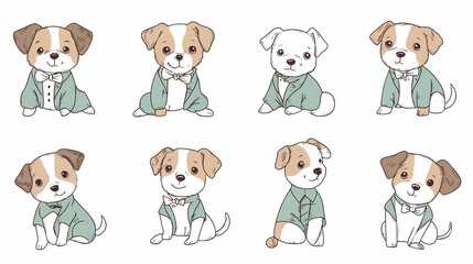 Obraz premium Set of cute and smiley baby dog doodles. Happy baby dog faces of dalmatian, pug, poodle, beagle with flat color, bows, hats, and scarves isolated on white. Sticker, comic, and print design.