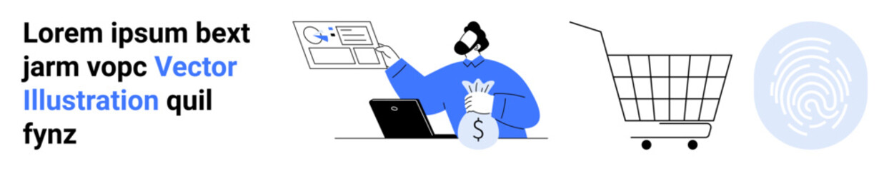 Man analyzing financial data on a computer with a money bag nearby. Includes a shopping cart and a thumbprint icon. Ideal for e-commerce, data analysis, online security, finance management