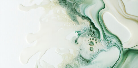 Abstract white, cream, and green liquid in the shape of an on a white background.