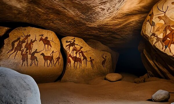 Cave paintings in a cave.