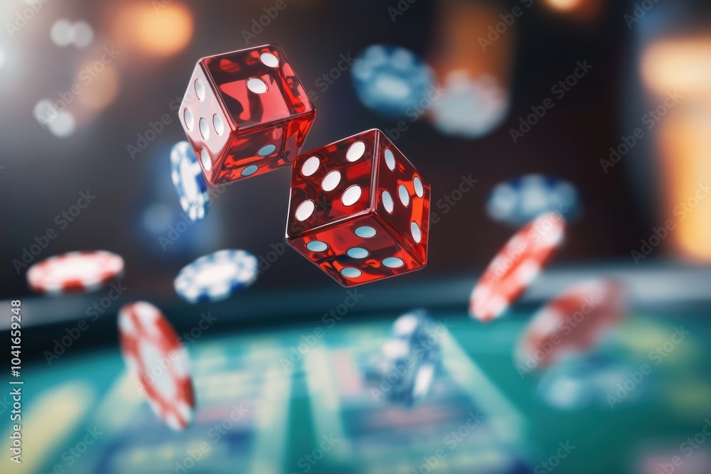 Poster two red dice fly mid-air over a craps table, surrounded by colorful chips, capturing the thrill of t