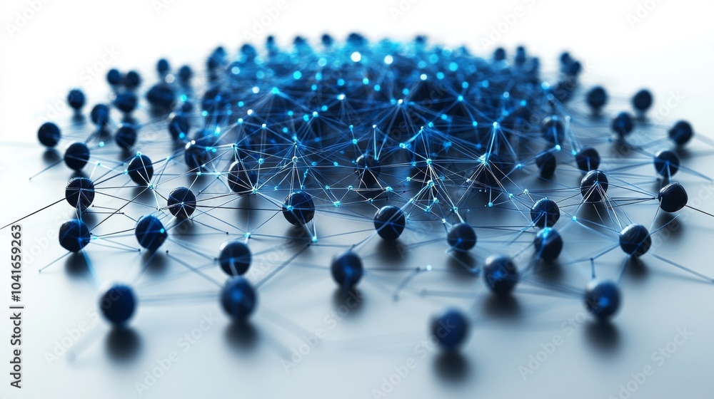Leinwandbilder A detailed representation of a digital network features numerous interconnected nodes in shades of blue, illustrating the complexity of data connections against a light backdrop.