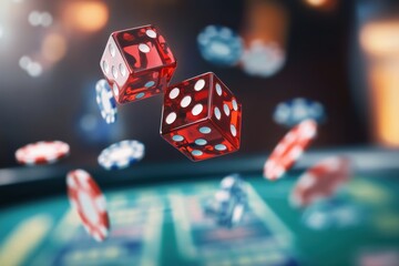 Two red dice fly mid-air over a craps table, surrounded by colorful chips, capturing the thrill of the gaming experience. Generative AI