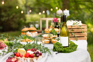 Gourmet Cheese and Berry Fruit Picnic Spread Outdoors. White wine bottle with blank label.