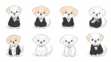 Naklejka premium Set of cute and smiley baby dog doodles. Happy baby dog faces of dalmatian, pug, poodle, beagle with flat color, bows, hats, and scarves isolated on white. Sticker, comic, and print design.