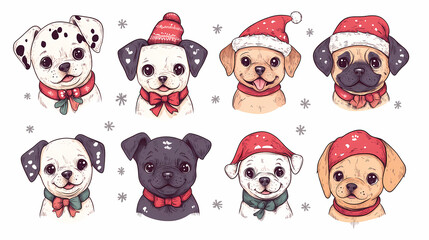 Obraz premium Set of cute and smiley baby dog doodles. Happy baby dog faces of dalmatian, pug, poodle, beagle with flat color, bows, hats, and scarves isolated on white. Sticker, comic, and print design.