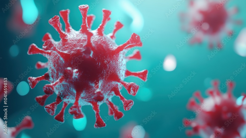 Poster detailed visualization of red virus particles showcasing their unique morphology and potential effec