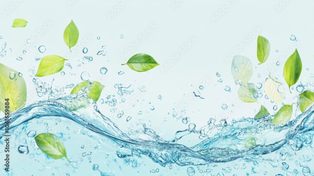 Aufkleber drops of water rise and fall around lively green leaves, creating a refreshing and dynamic display o