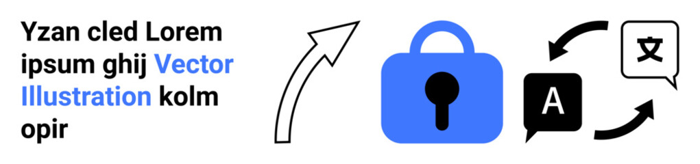 Blue lock icon with keyhole, black and white translation icons, and upward arrow. Ideal for digital security, language translation, data protection, multilingual services, website security. Landing