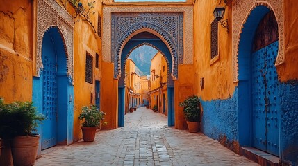 Scenic view of a winding street in a Moroccan medina featuring a series of traditional doors each uniquely decorated highlighting the charm of the ancient city walls