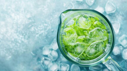 A vibrant green liquid fills a glass pitcher, accompanied by ice cubes, set against a cool, textured backdrop