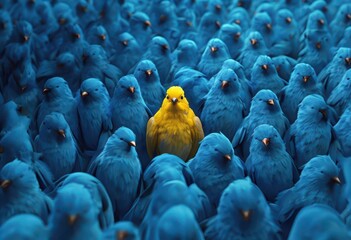 Obraz premium A yellow bird stands out in a crowd of birds, symbolizing individuality, uniqueness, and the courage to be different in a conformist society,best candidate concept