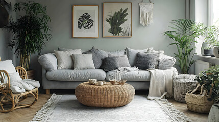 Cozy Living Room with Wicker Furniture and Plants