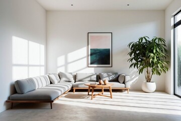 A room with indoor space, simple interior, and large windows with natural light and shadow from nature.