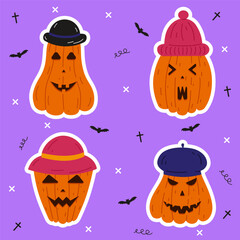 Scary Halloween pumpkin set stickers. A collection of hand drawn pumpkin with character face in different hat. Vector illustration