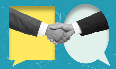 Modern art collage depicting handshake on the background of message bubbles.