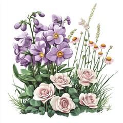 Obraz premium large purple chamomile and phalaenopsis, pink rose bush