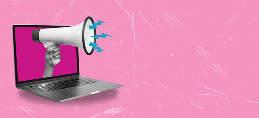 Art collage, laptop, and megaphone on pink background with copy space.