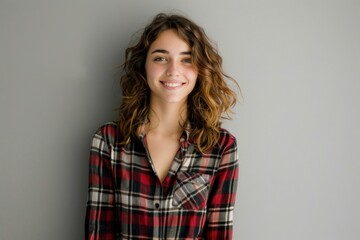 Fototapeta premium A woman wearing a plaid shirt smiles directly at the camera, conveying happiness and friendliness