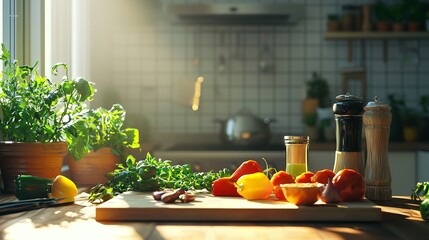 Fresh Vegetables and Meat on Kitchen Counter with Natural Light, Fresh Ingredients for Cooking on Wooden table, AI Generation