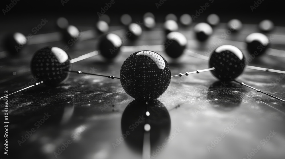 Poster An artistic composition features a series of interconnected geometric shapes arranged on a dark surface, emphasizing contrast and depth. The focus is on the spherical forms and lines.