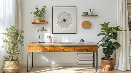 Minimalist Home Office Decor with Wooden Desk and Plants