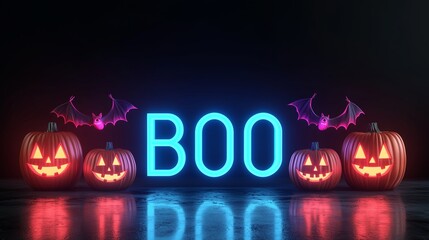 Spooky Halloween scene featuring glowing neon 'BOO' sign, carved pumpkins, and bats on a dark reflective background.