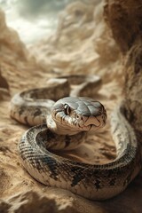 Naklejka premium A close-up view of a snake's head and body on a sandy surface