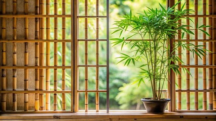 bamboo plant growing against wall with lattice window