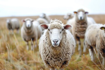Fototapeta premium A group of sheep standing on a lush green grassy field, ideal for rural or countryside themed projects
