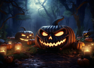 Scary-looking pumpkins in the night forest scene. Halloween concept.