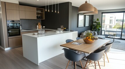 A contemporary urban apartment with a stylish kitchen island that doubles as a dining space, complemented by smart storage solutions and a cozy living area.
