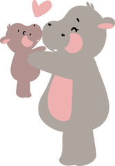 Adorable pygmy hippo mother and baby illustrations featuring their bond in a tropical setting. Great for educational materials, nursery decor, or animal-related design projects.