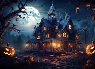 Haunted house in the night. Moon on the sky. Pumpkins in the garden. Halloween concept. 3d scene.