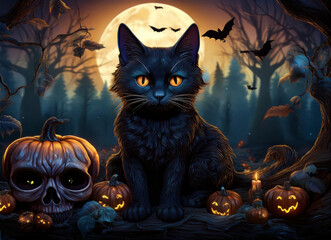 Close-up of a black cat and skulls.  Moon and night view the background. Halloween concept.