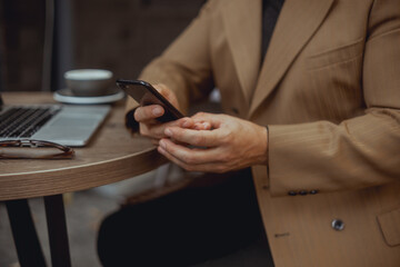Handsome beard man Using phone in cafe, outdoor portrait business woman, hipster style, internet,...