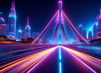 A bridge made of neon lights and a night view of the city